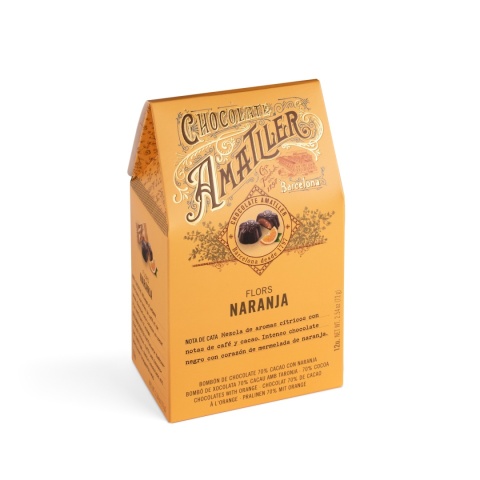 Praliny 70% Cacao z Nadzieniem Pomarańczowym Chocolate Amatller Barcelona Flors Naranja (72g)